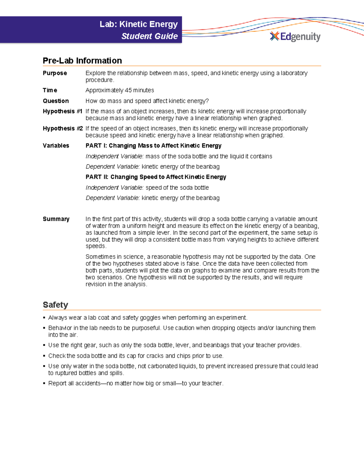 Lab: Kinetic Energy - Student Guide for Experiment (Final Lab) - Studocu