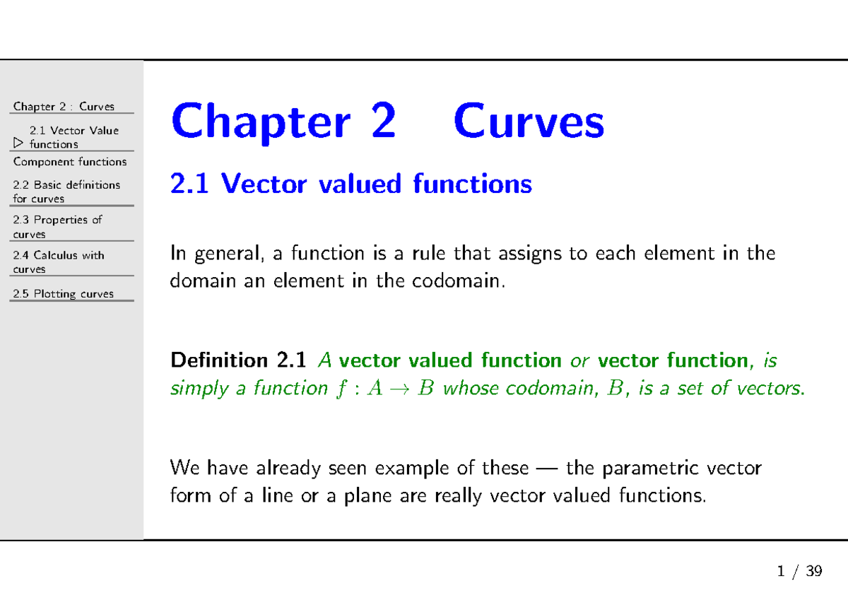 2025 T1 Lecture Notes - Chapter 2: Curves in Vector Functions - Studocu