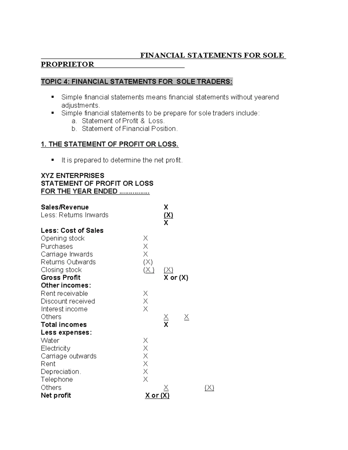ACCT 101 - Comprehensive Financial Statements Notes for Sole ...