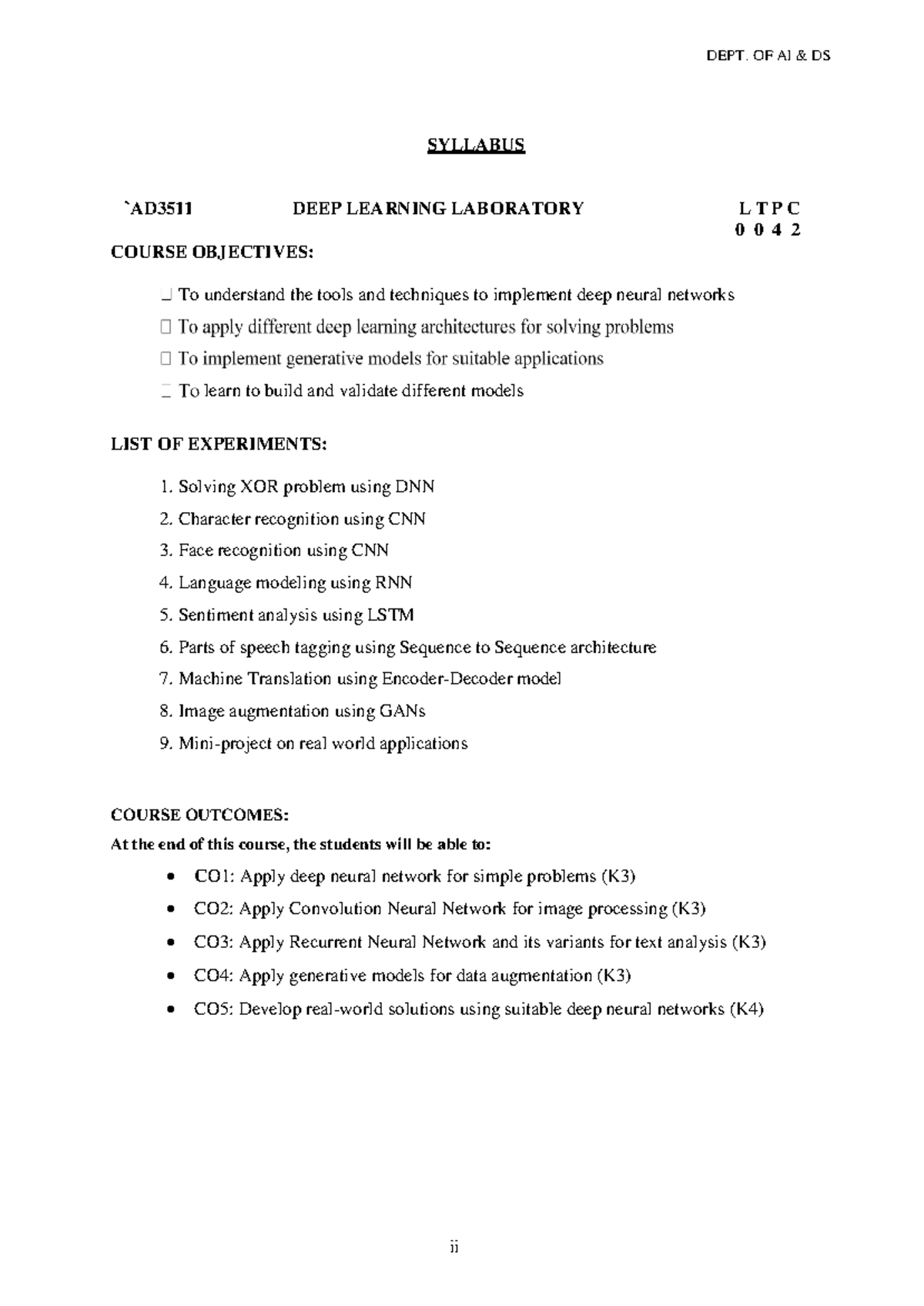 AD3511-DEEP Learning-LAB Manual - DEPT. OF AI & DS ii SYLLABUS `AD3511 ...