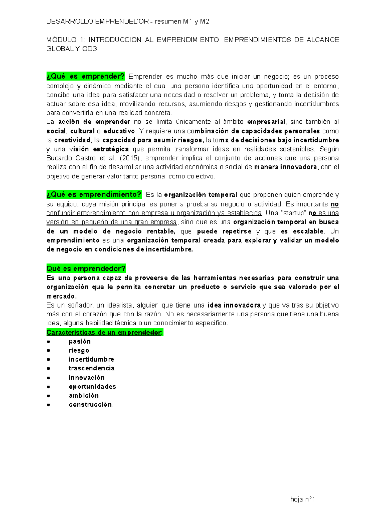 Desarrollo Emprendedor: Resumen M1 y M2 - Introducción y Creatividad - Document Preview