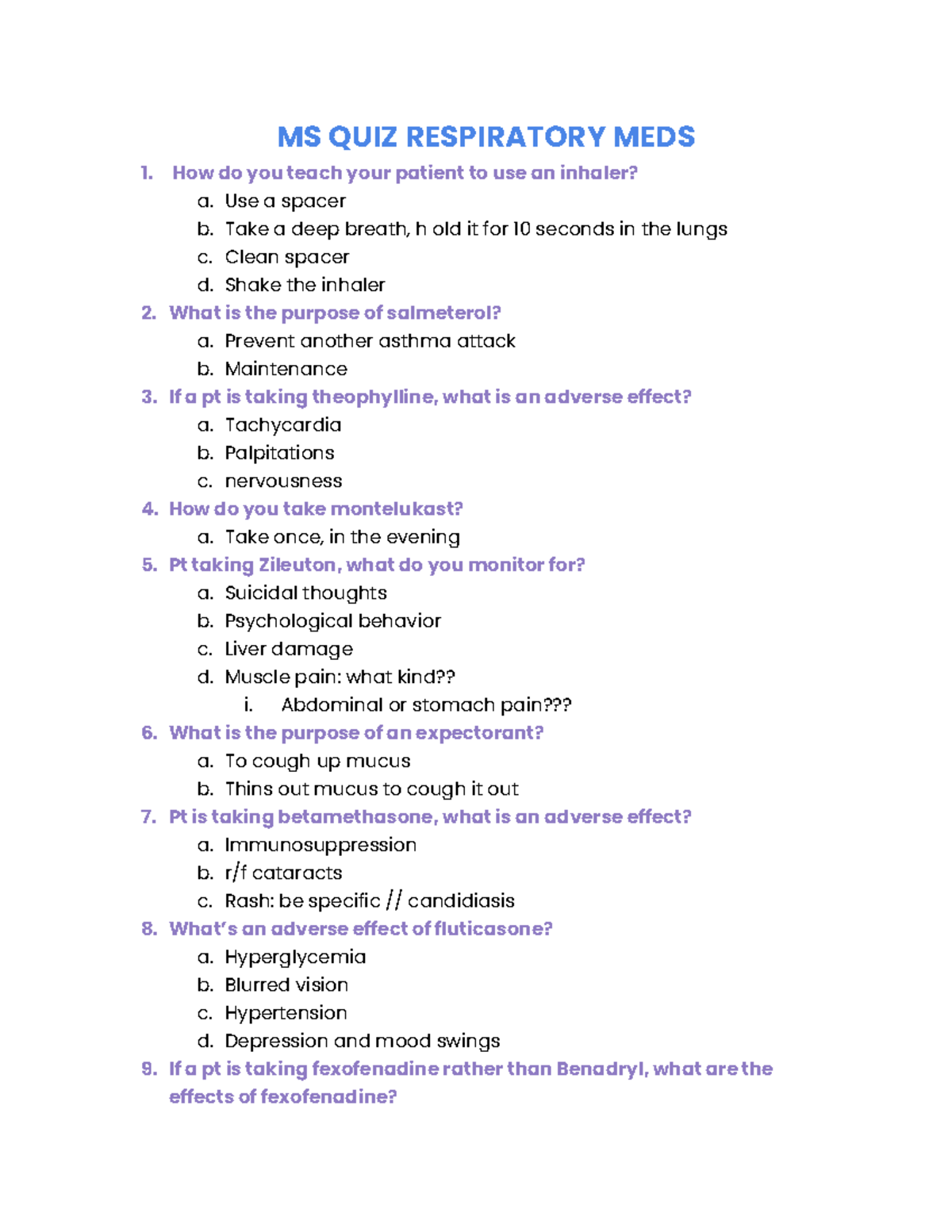 MS QUIZ: Key Points on Respiratory Medications and Inhaler Use - Studocu