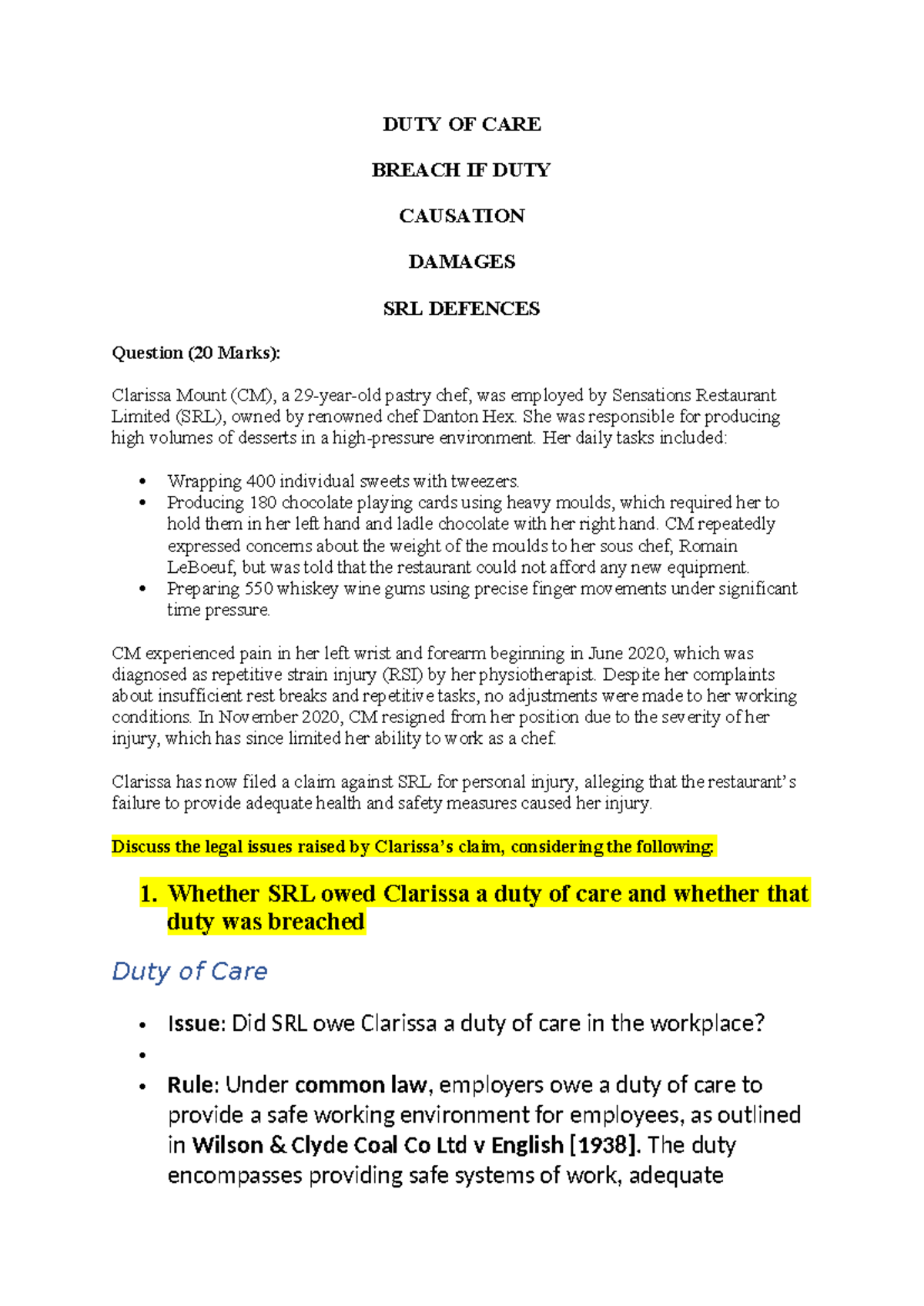 PI Example Q - LPC Notes on Duty of Care Breach and Damages - Studocu