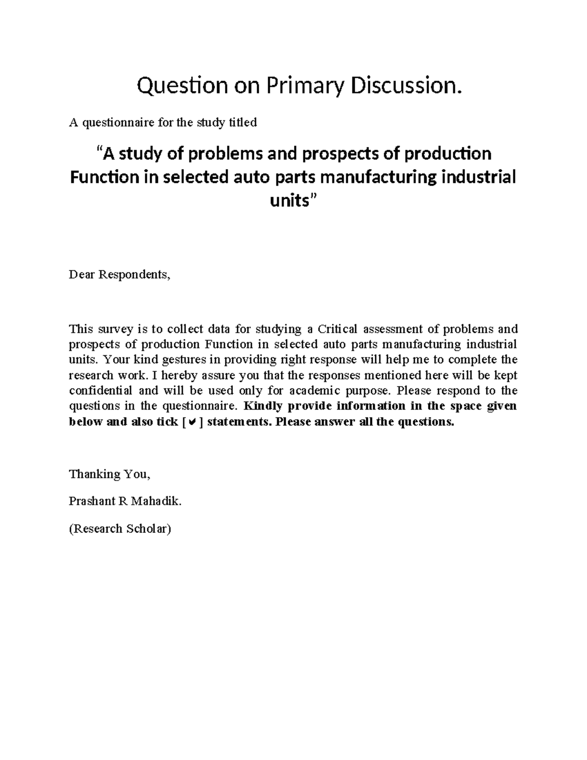 PHD Questionnaire on Production Function in Auto Parts Industry - Studocu
