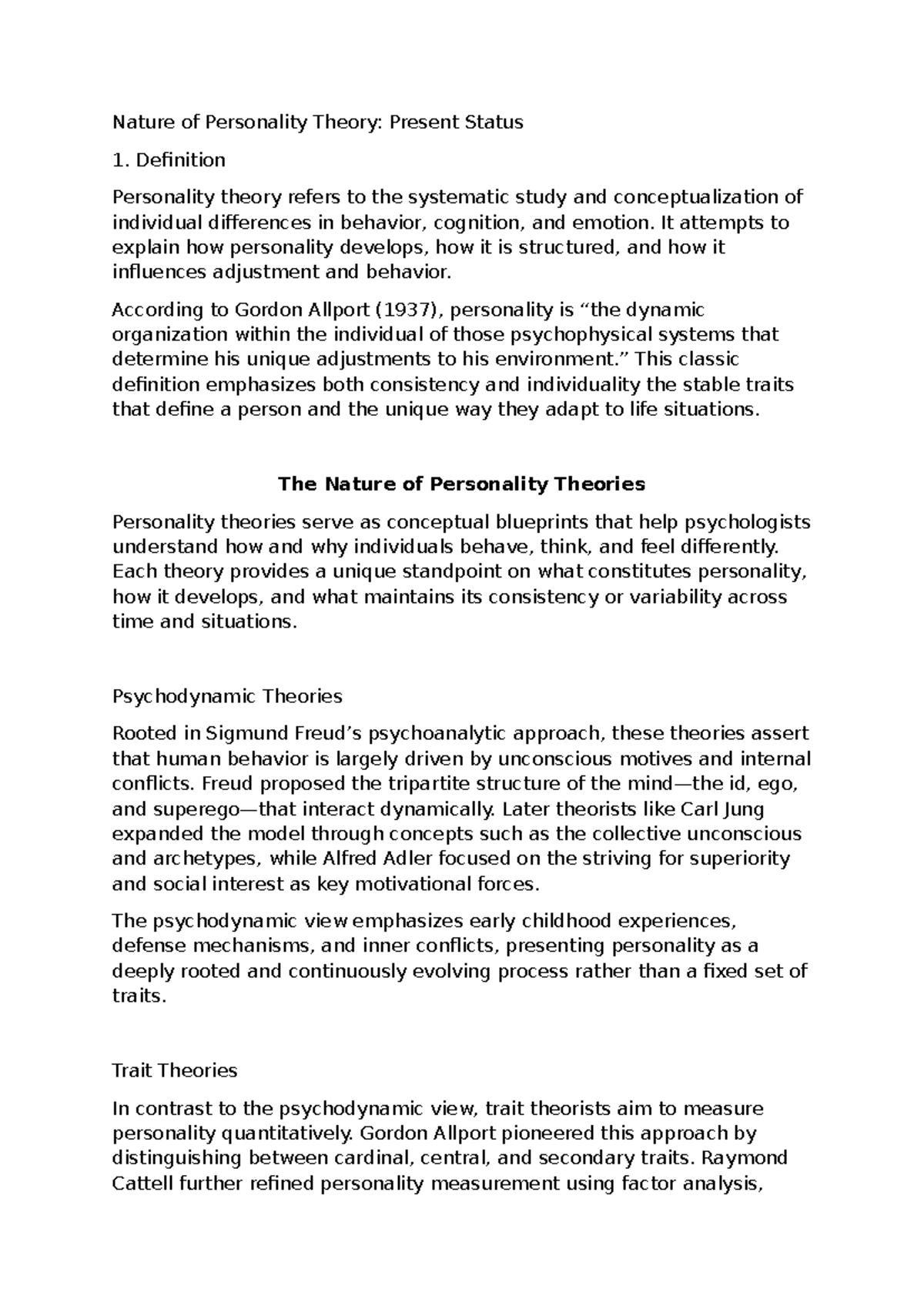 Personality Theory Notes: An Overview of Key Concepts and Theories ...