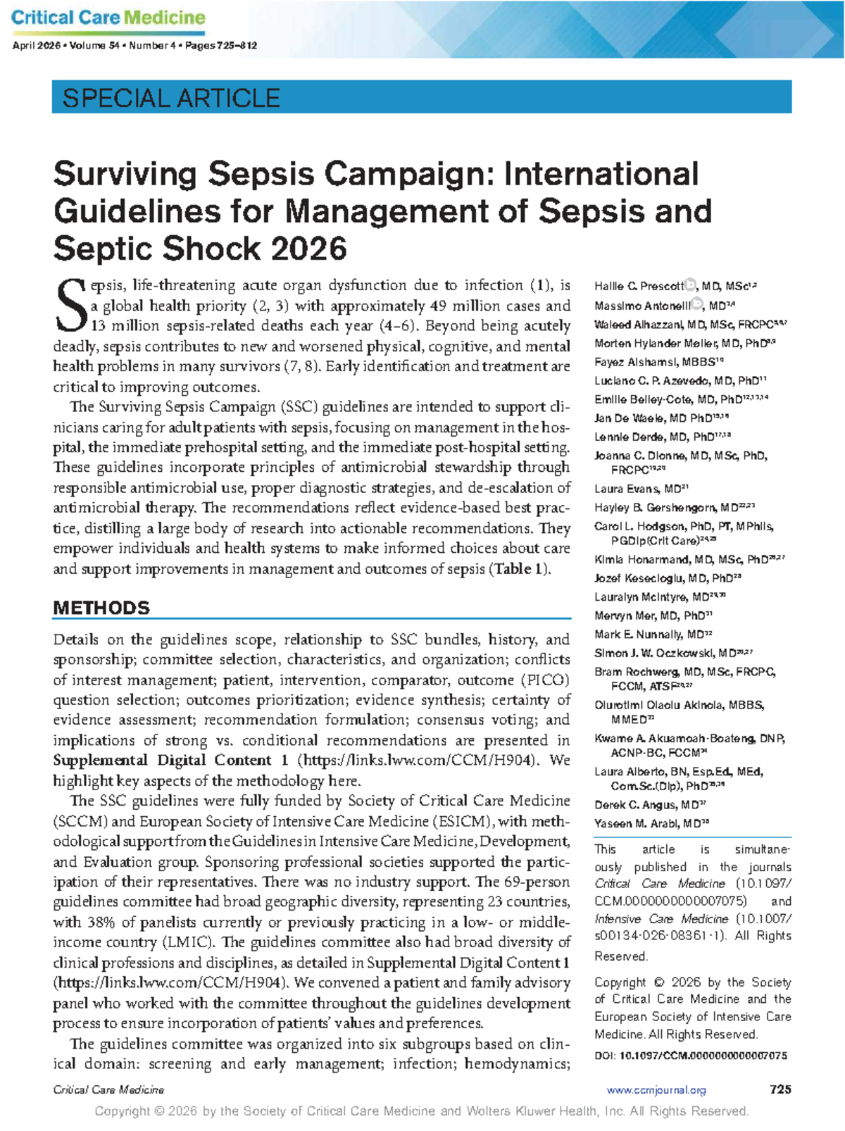 Surviving Sepsis Campaign: 2026 International Guidelines for Management ...