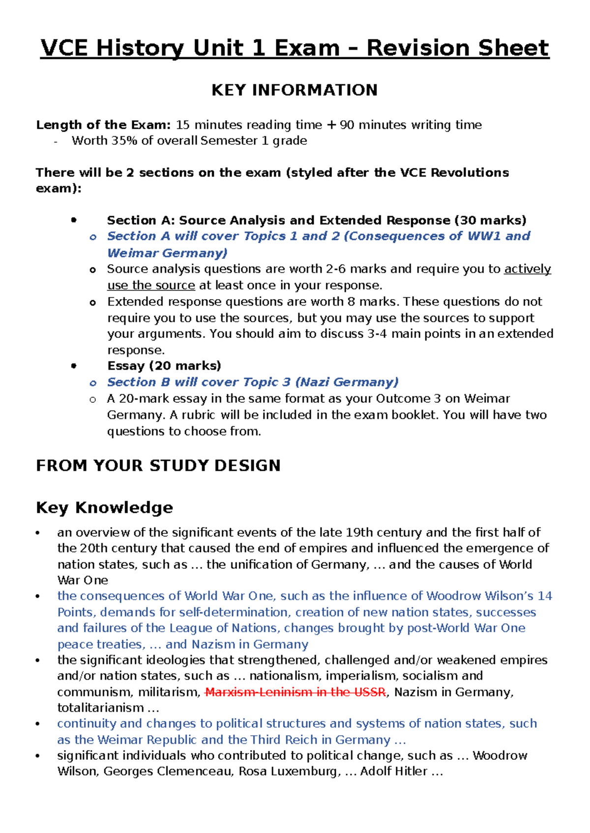 VCE History Unit 1 Exam Revision Sheet: Key Topics & Strategies - Studocu