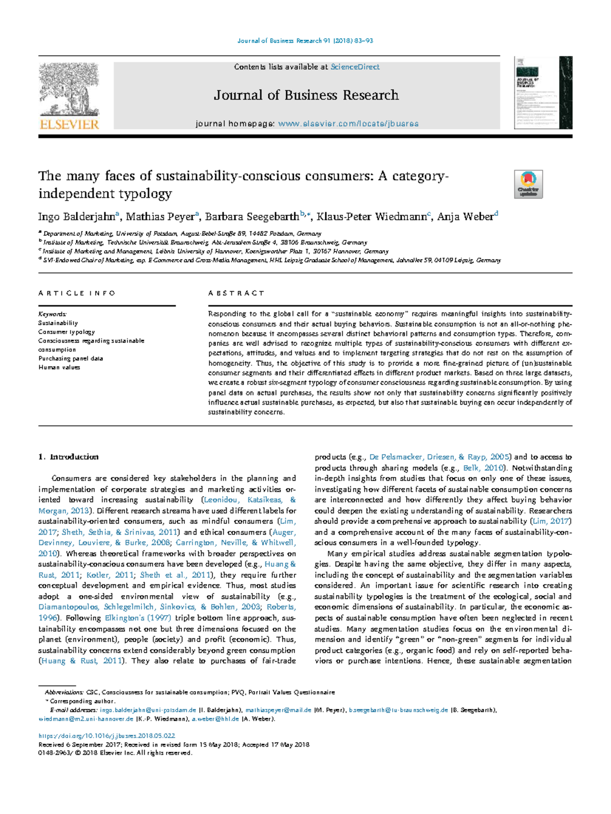 Consumer Typology and Sustainable Consumption: Insights from JBR 2018 ...