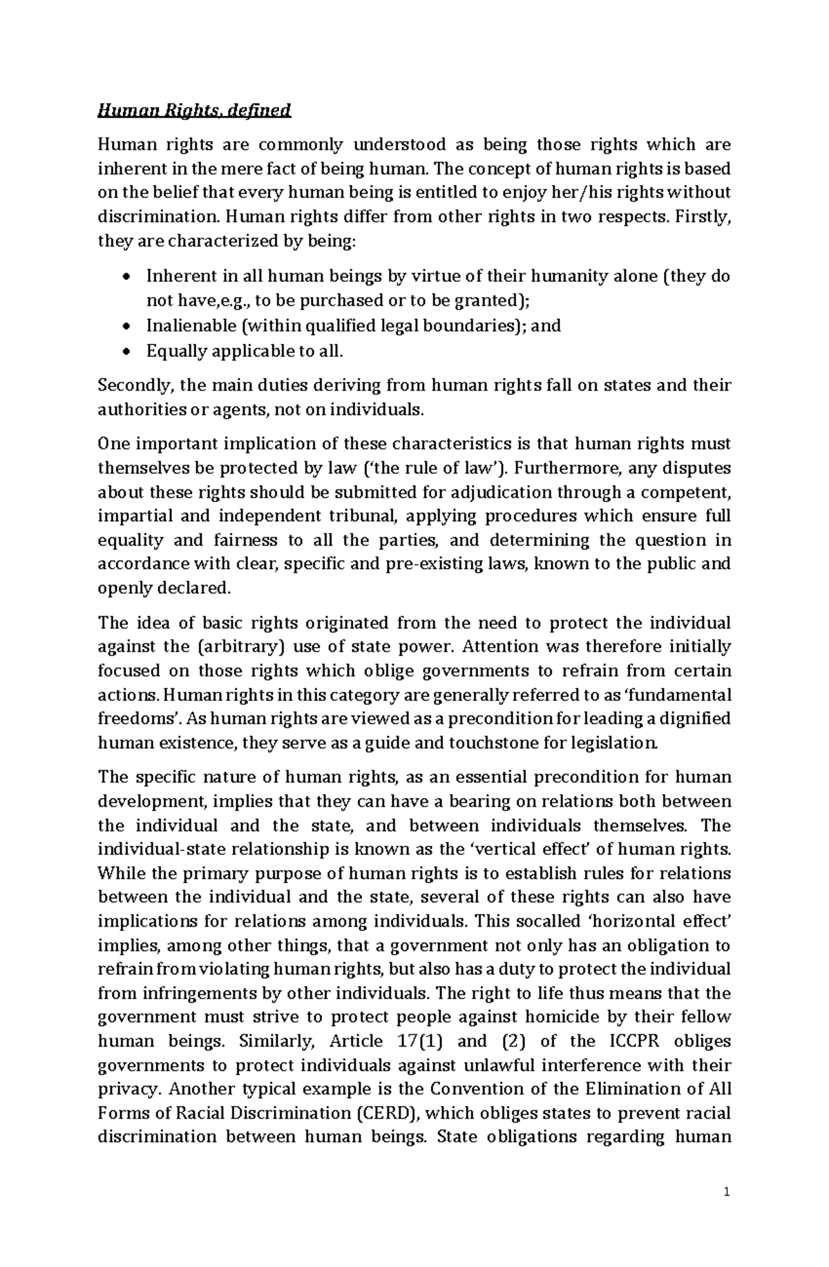 Notes Human Rights Part I - Human Rights, defined Human rights are ...