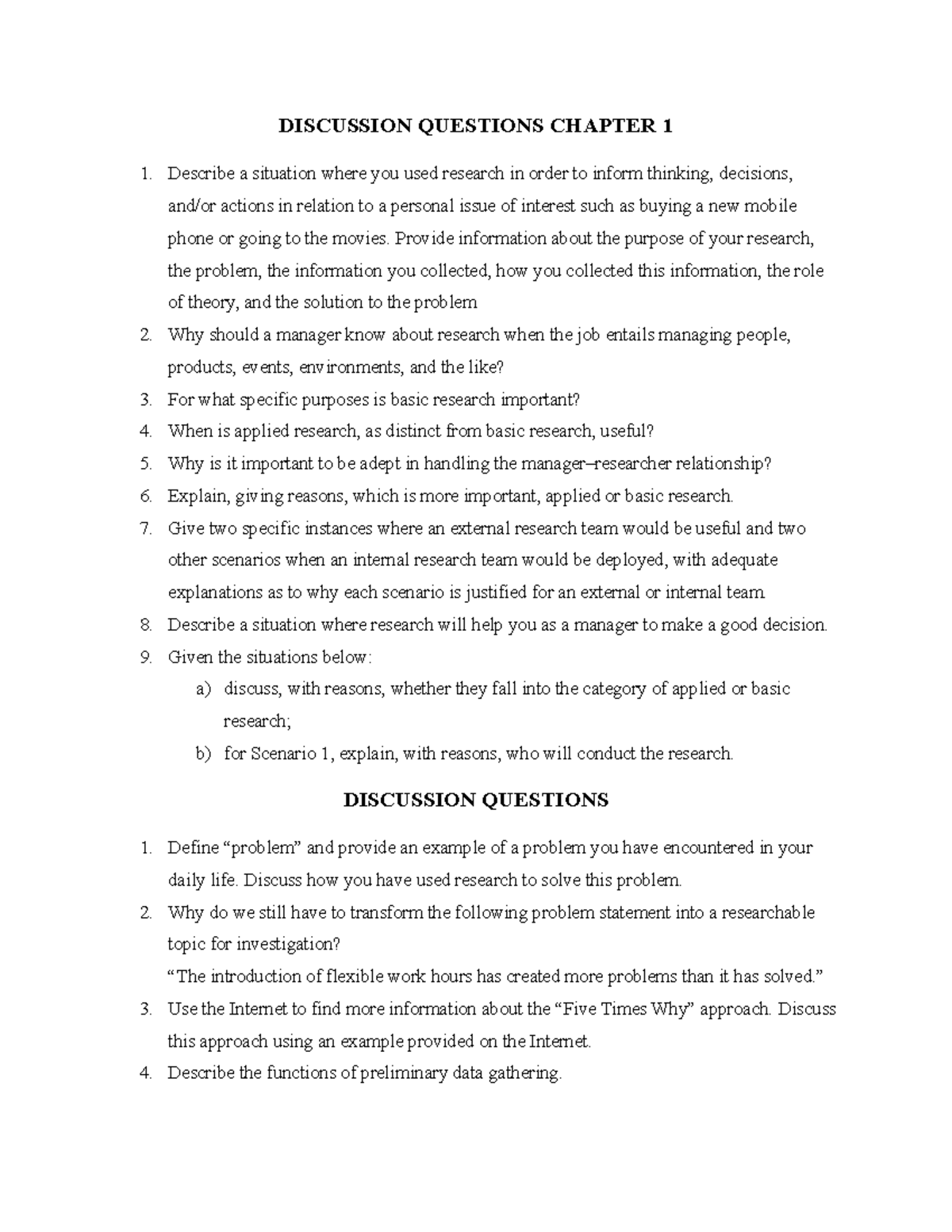 Business Research Exercises: Discussion Questions for Chapters 1 & 2 ...