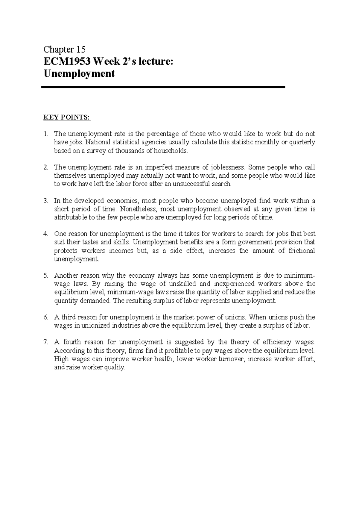 ECM1953 Lecture Notes on Unemployment - Key Concepts and Insights - Studocu