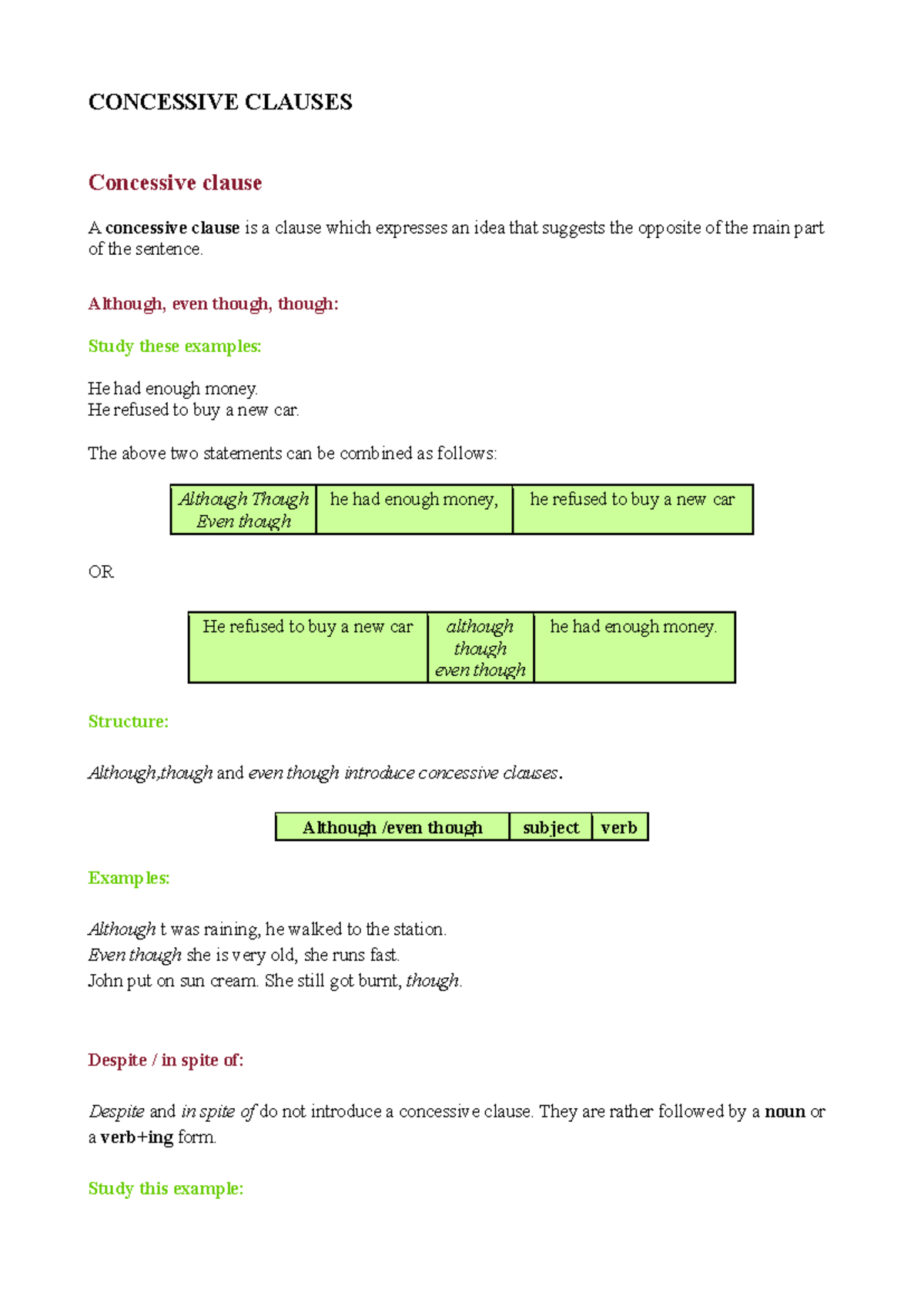 Concessive Clauses: Understanding Contrasts in CAE Language Notes - Studocu