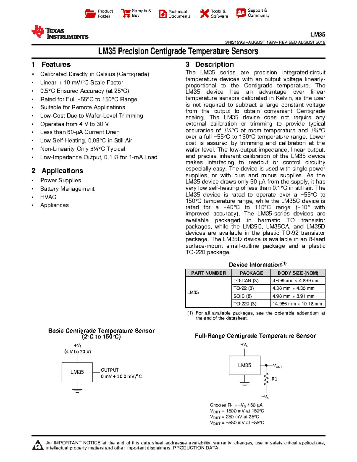 LM35 Precision Centigrade Temperature Sensor Datasheet SNIS159G - Studocu