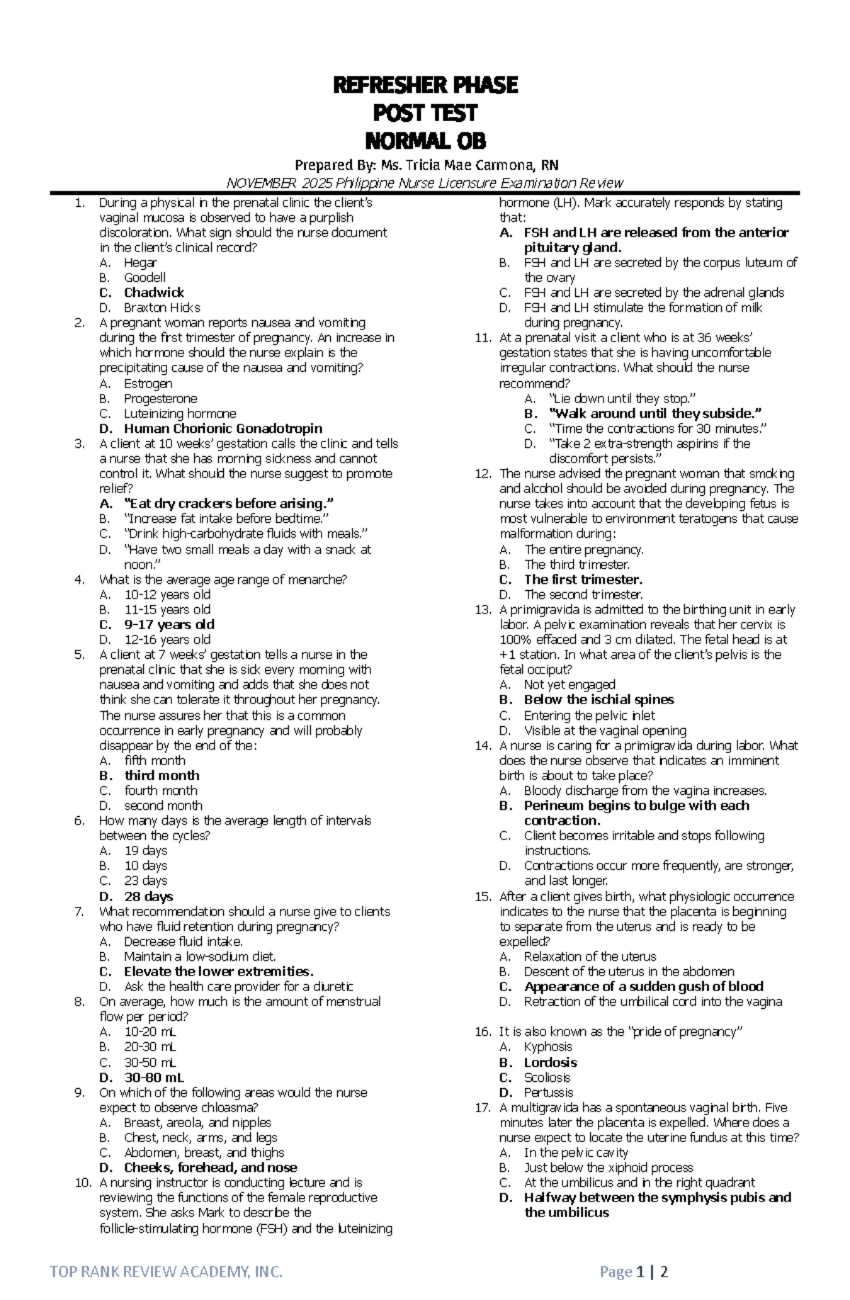 Refresher: Post-Test on Normal Obstetrics (OB) - Studocu