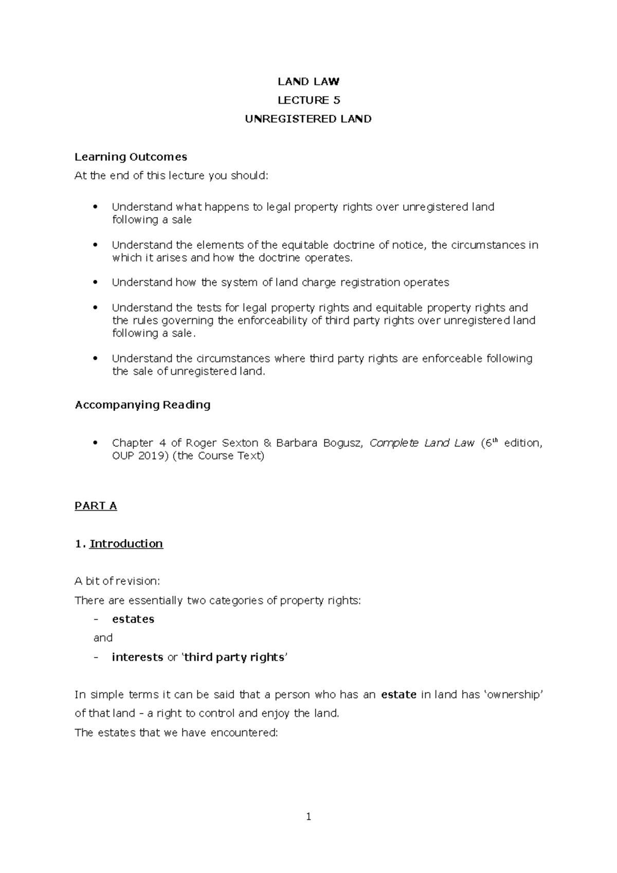 Lecture 5 - Key Concepts in Unregistered Land Law (LAND 101) - Studocu