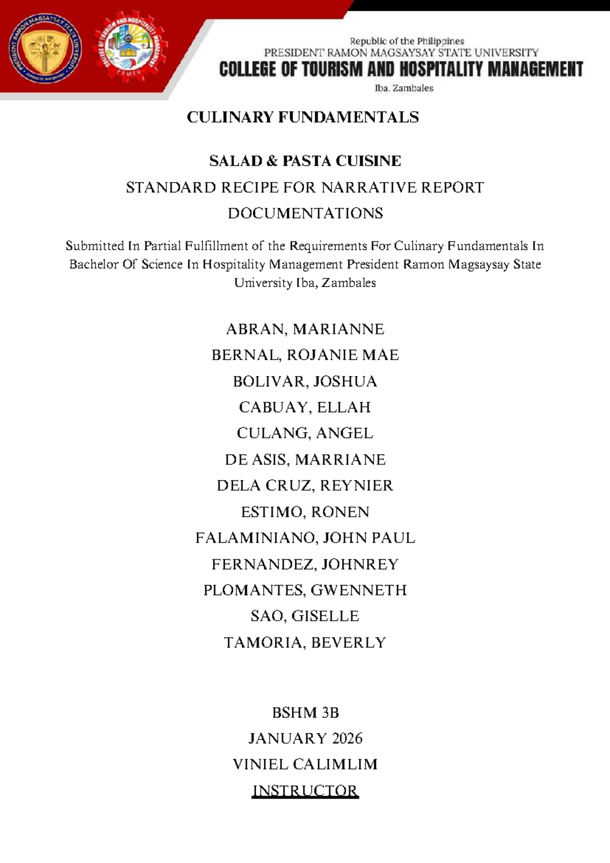 CULINARY FUNDAMENTALS BSHM 3B MIDTERM REPORT ON SALAD & PASTA - Studocu