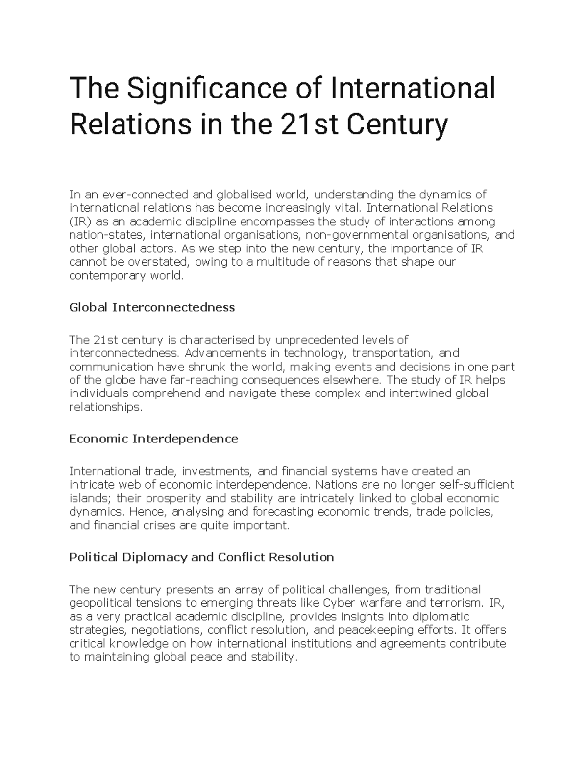 The Importance of International Relations in the 21st Century - Studocu