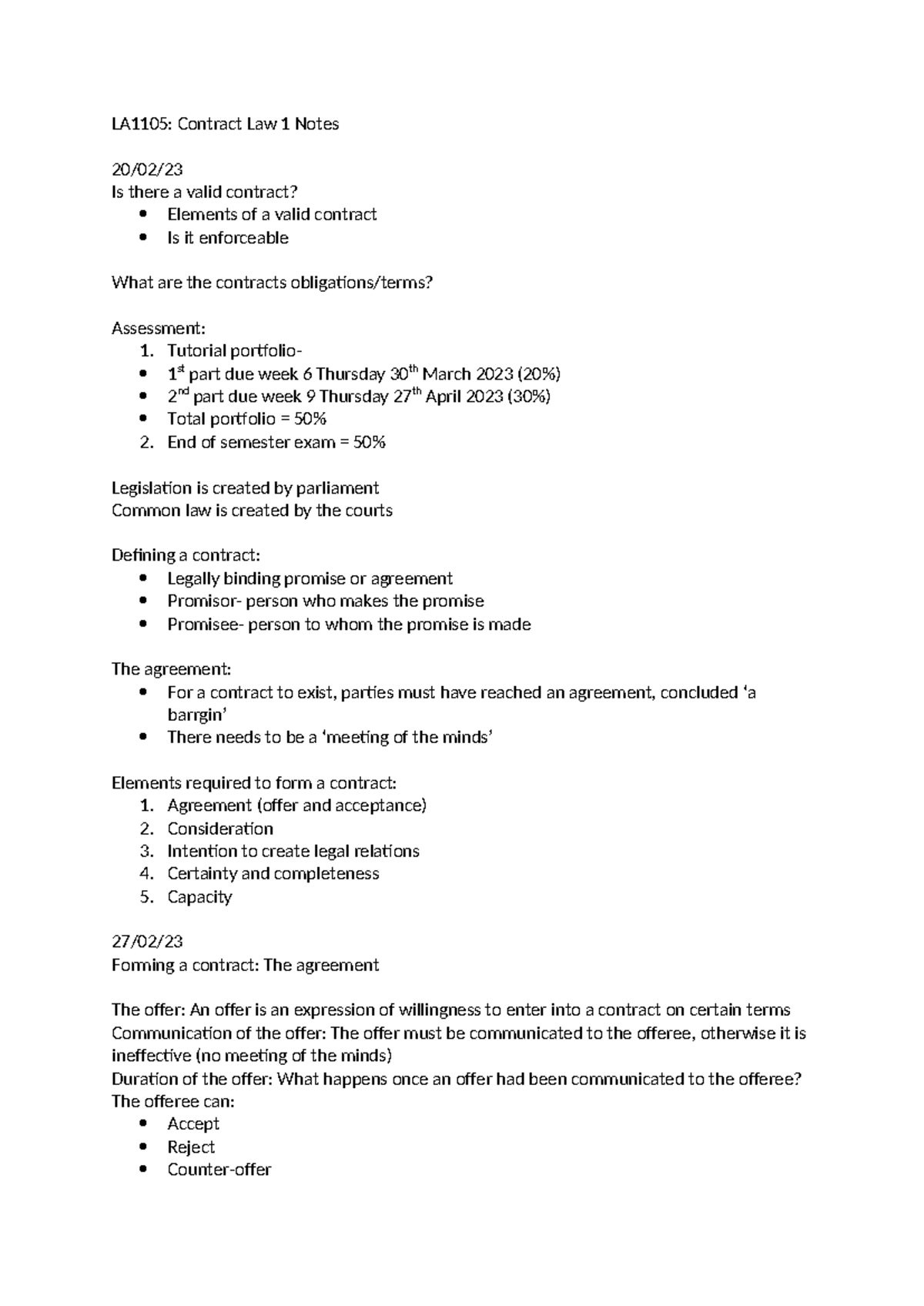 LA1105 Contract Law 1 - Lecture notes. - LA1105: Contract Law 1 Notes ...