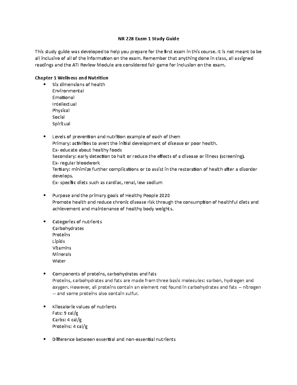 NR 228 Exam 1 Comprehensive Study Guide on Nutrition and Health - Studocu