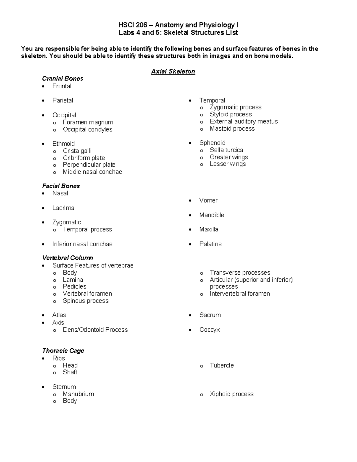 HSCI 206 Labs 4 & 5: Comprehensive Skeletal Structures Guide - Studocu