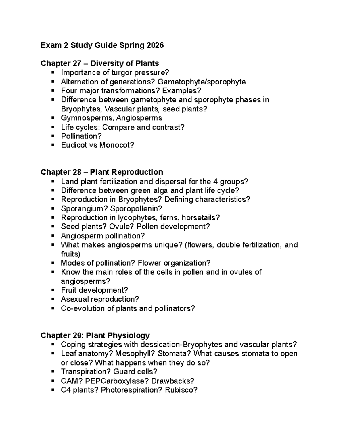 Exam 2 Study Guide Spring 2026: Plant Biology - Studocu
