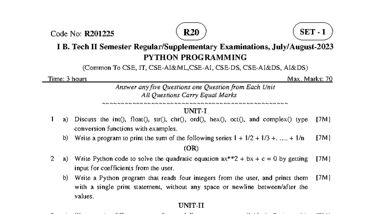 Python Programming R201225 I B. Tech II Sem Exam Questions - July/Aug ...