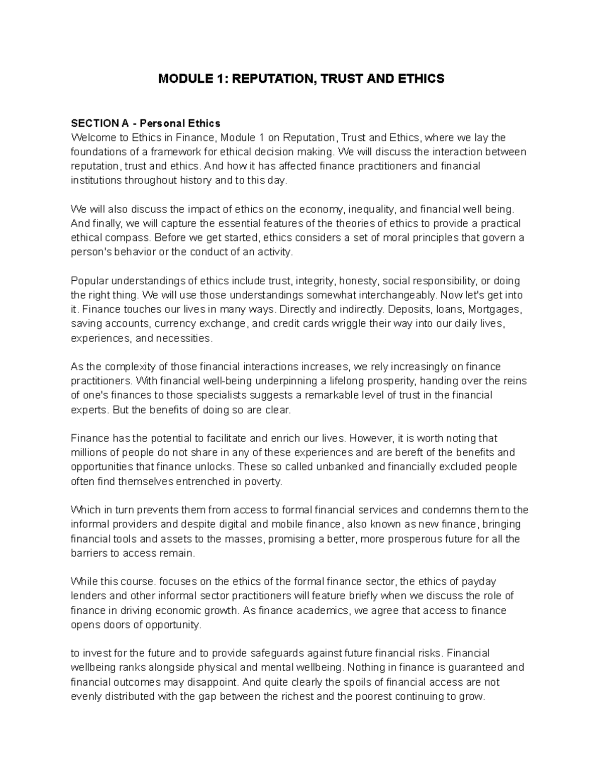 MODULE 1: REPUTATION, TRUST & ETHICS IN FINANCE - LECTURE NOTES - Studocu