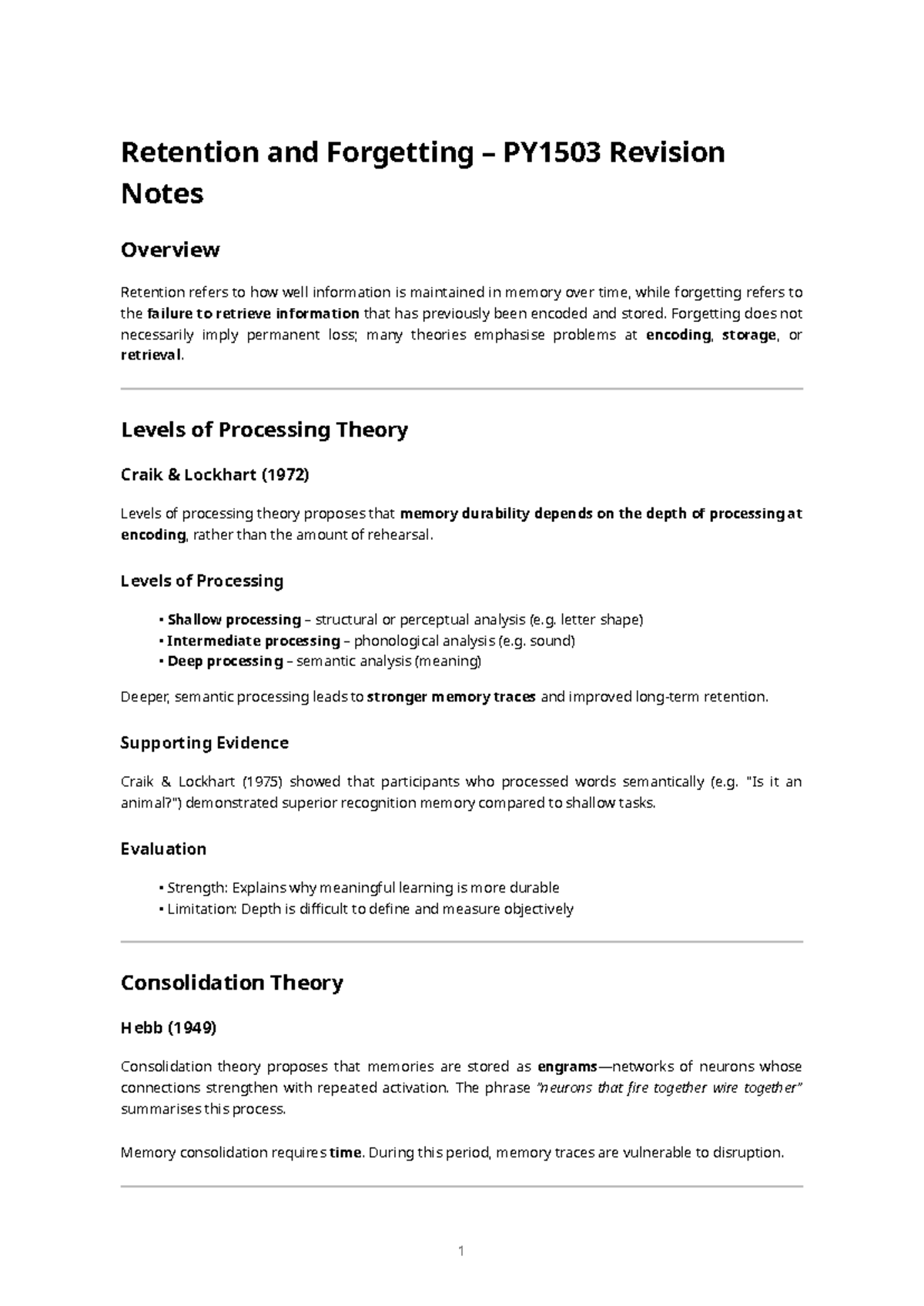 PY1503 Retention and Forgetting: Comprehensive Revision Notes - Studocu