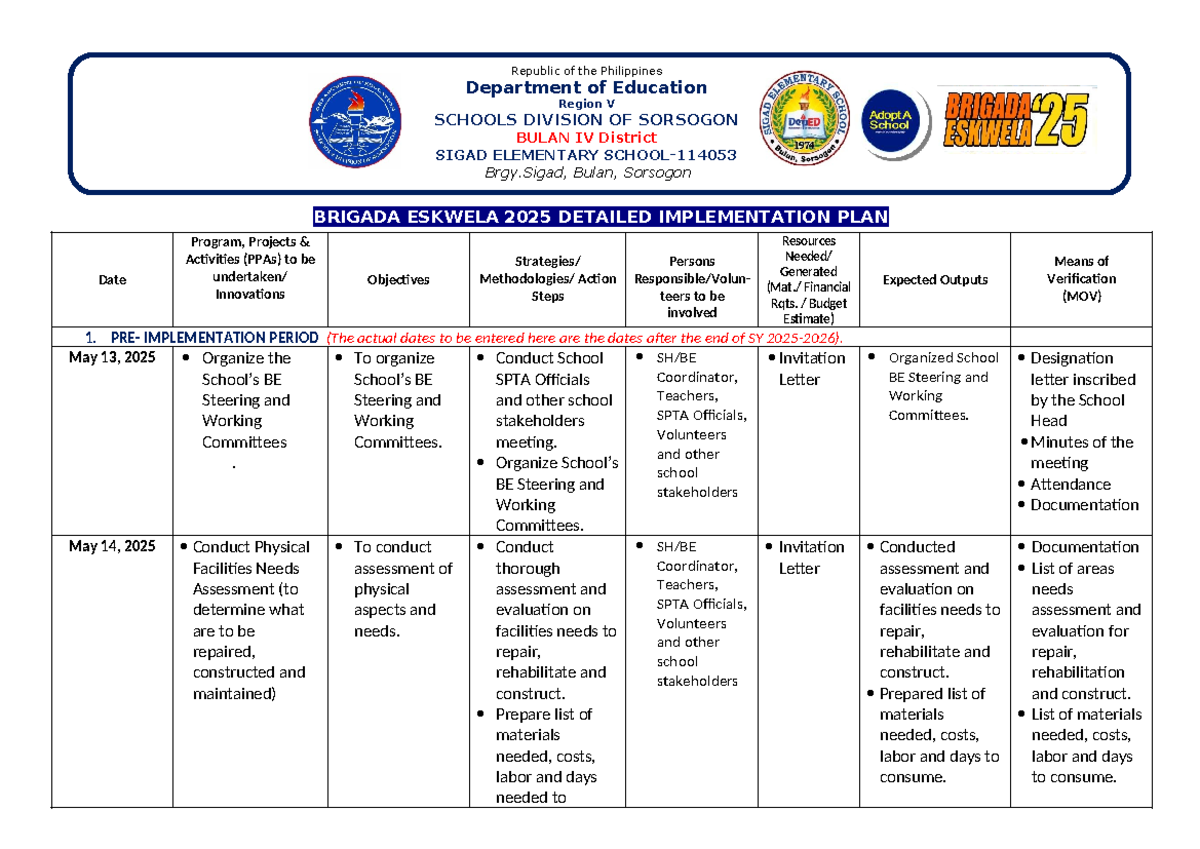 BE 2025 Brigada Eskwela Detailed Implementation Plan - Studocu