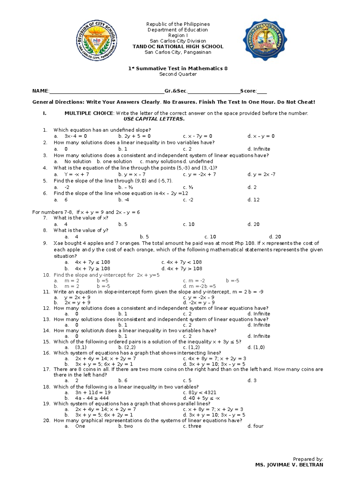 Summative Test in Math 8 - Republic of the Philippines Department of ...