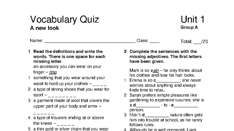 Focus 3 2E Vocabulary Quiz Unit1 Group A - Vocabulary Quiz Unit 1 A new ...