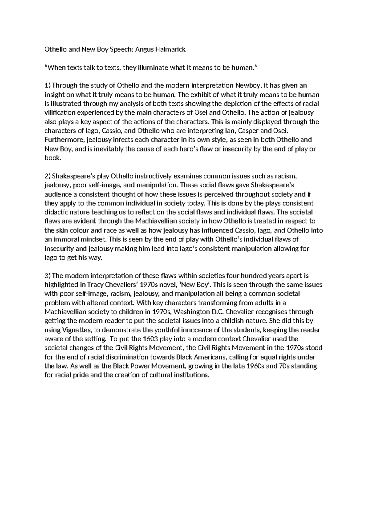 Othello & New Boy Speech: Analyzing Racism & Jealousy in Texts - Studocu