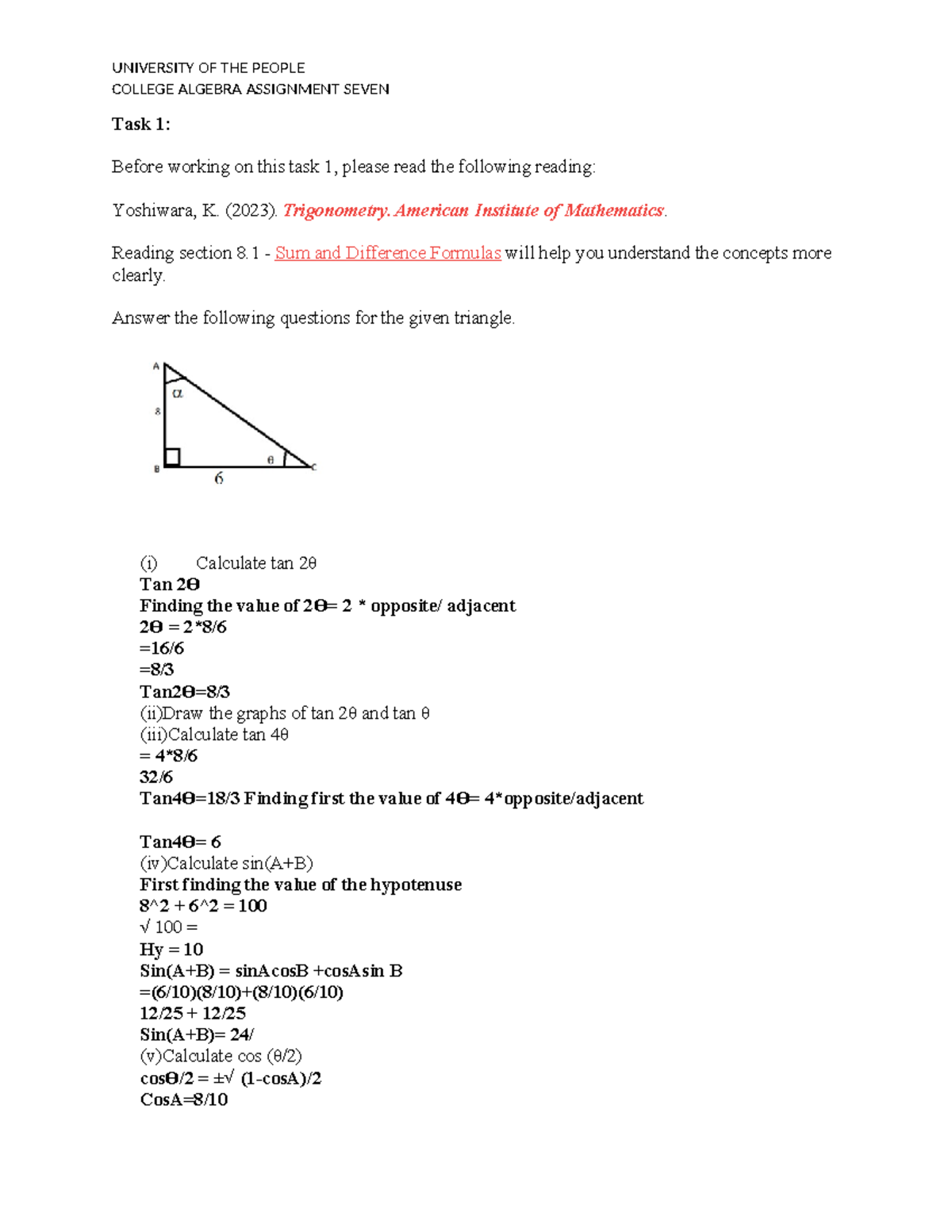 College Algebra Assignment Seven - COLLEGE ALGEBRA ASSIGNMENT SEVEN ...