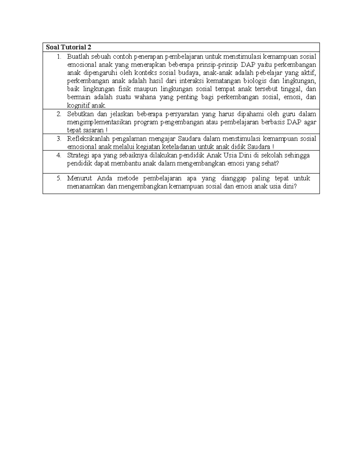 Soal Tutorial 2: Penerapan DAP untuk Stimulasi Sosial Emosional Anak ...