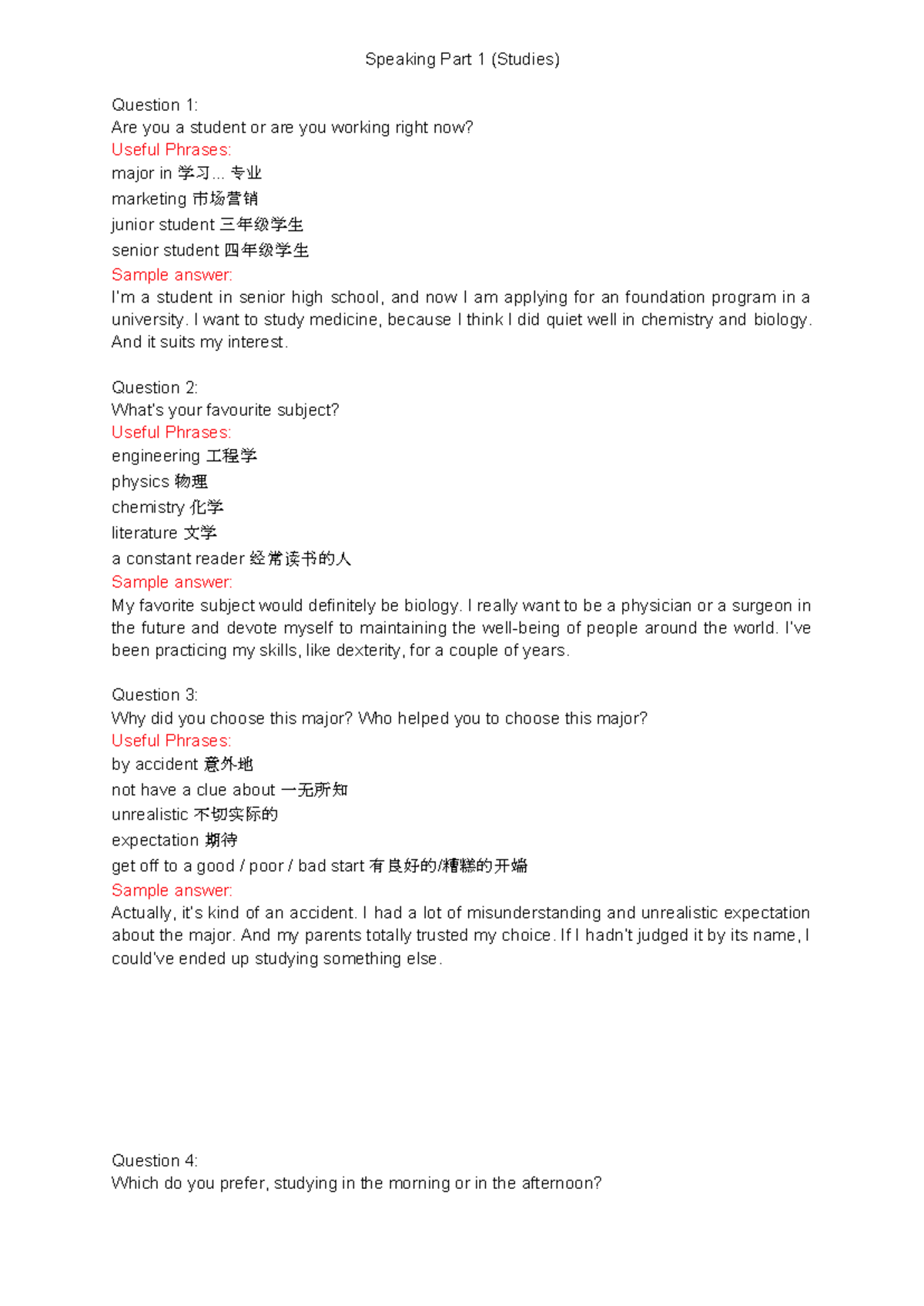 Speaking Part 1 (Studies) - Key Questions & Sample Answers - Studocu