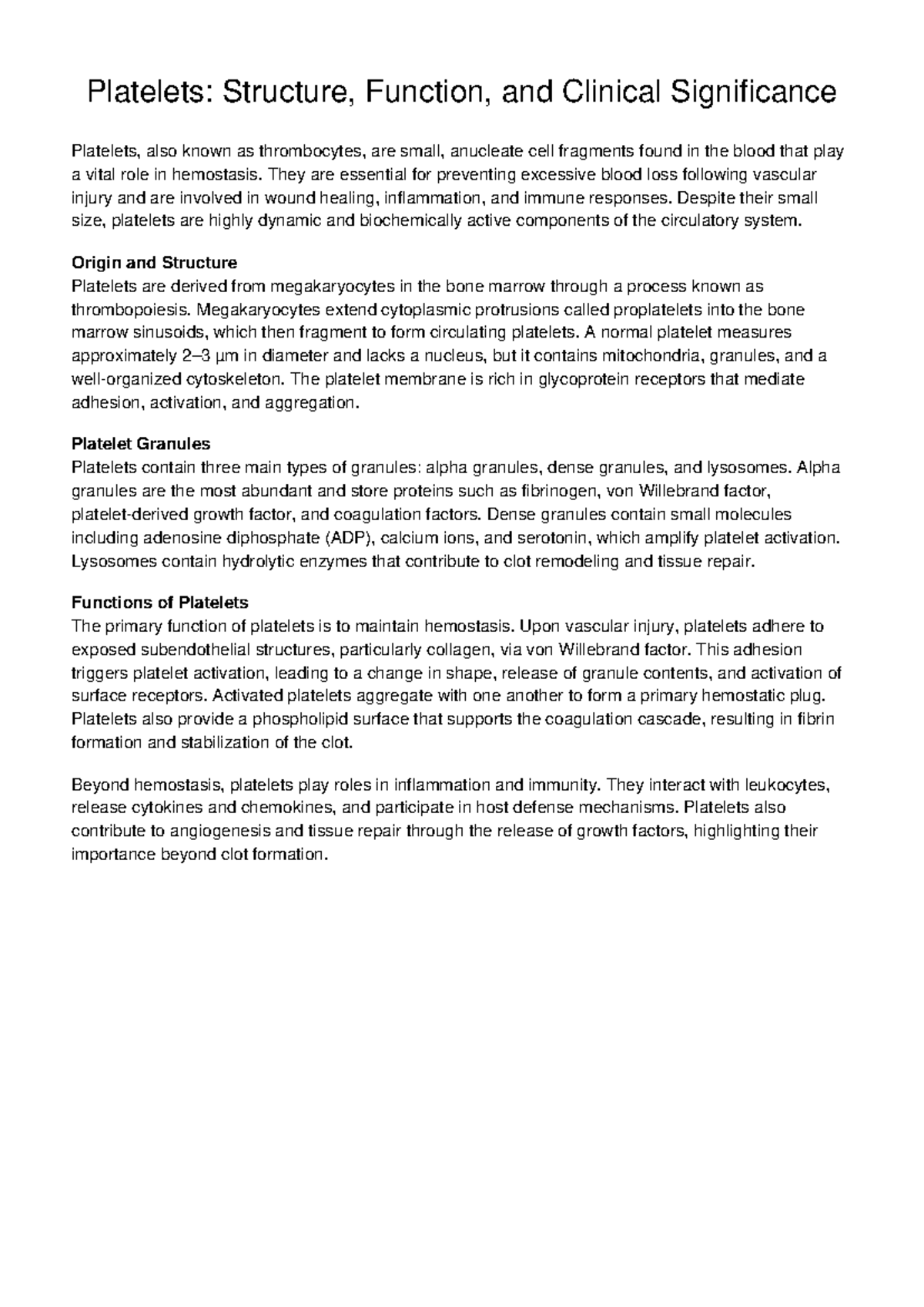 Platelets: Structure, Function & Clinical Significance Overview - Studocu