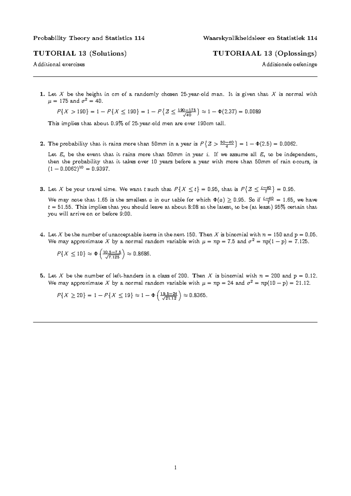 Probability Theory and Statistics 114 - TUTORIAL 13 Solutions - Studocu