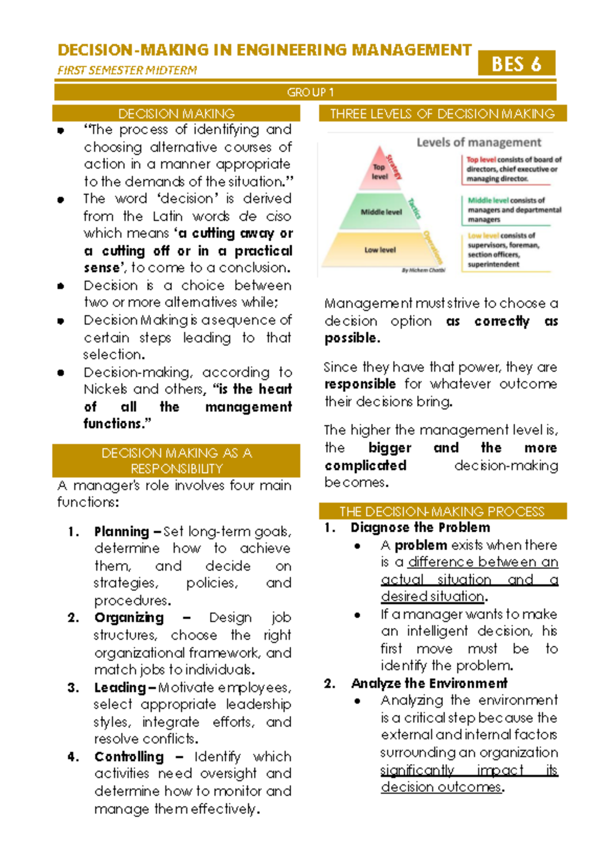 Decision-Making Process in Engineering Management (BES 6) Midterm - Studocu