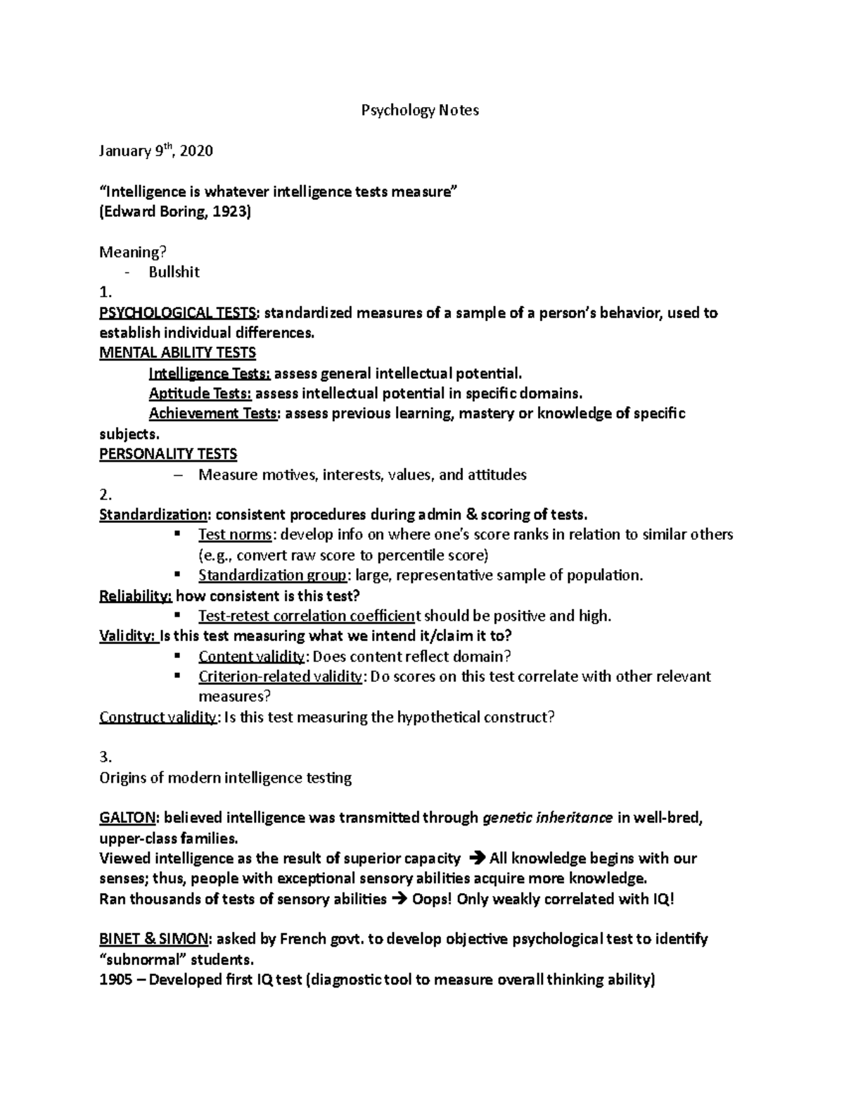 Psych 2020 notes test 3 - Psychology Notes January 9th, 2020 ...