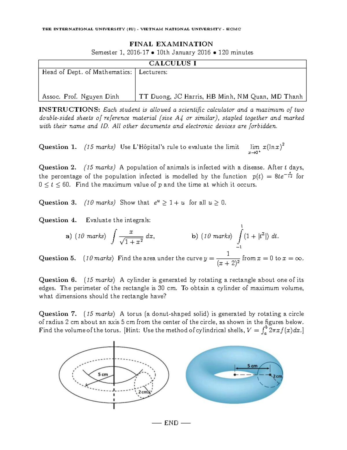 CALCULUS I (CAL1) FINAL EXAMINATION - Semester 1, 2016 - Studocu