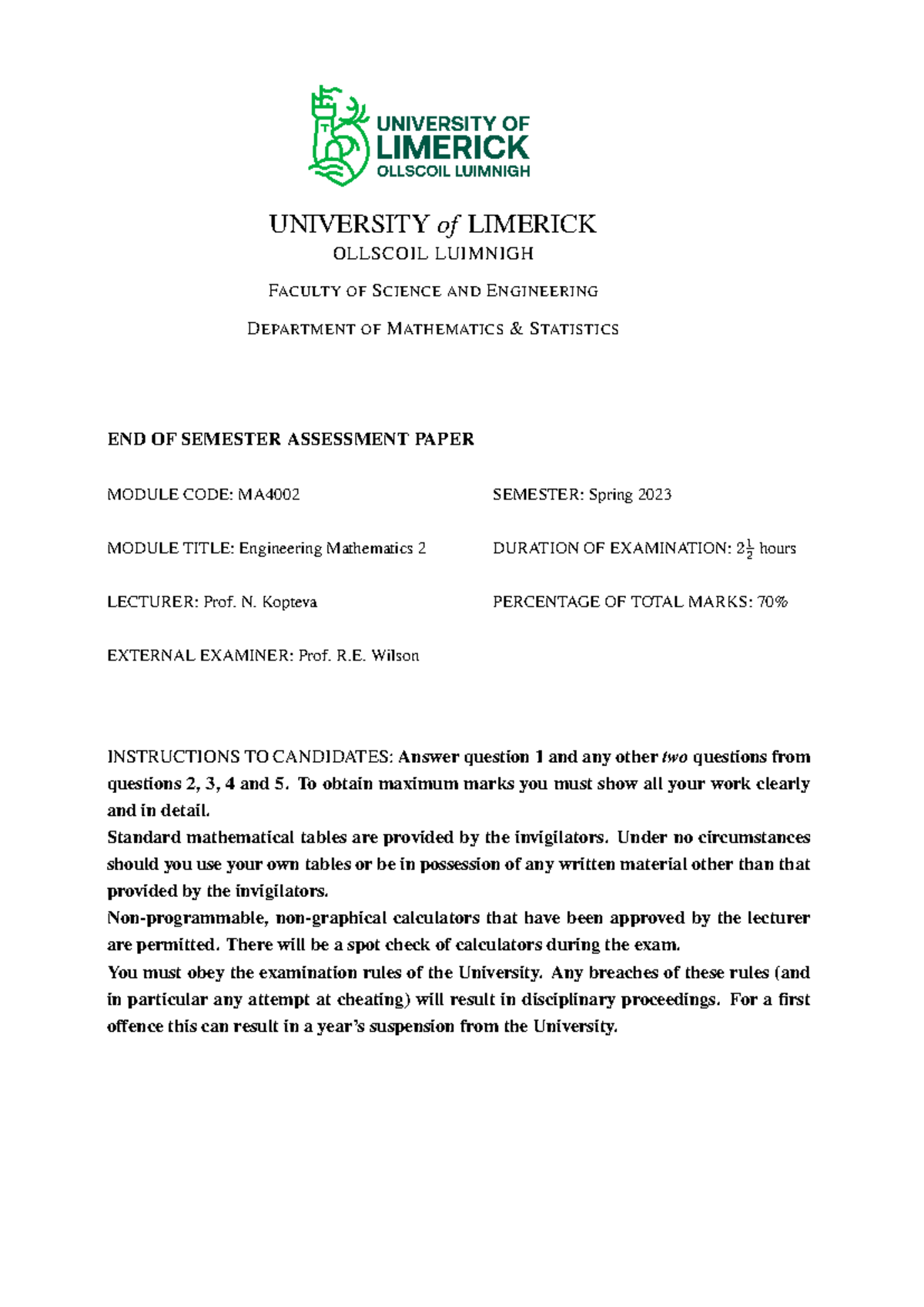 MA4002 - Engineering Mathematics 2 Practice Exam - Spring 2023 - Studocu