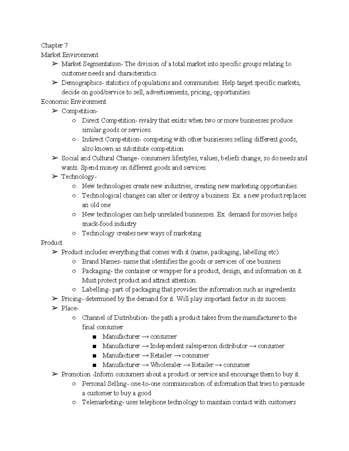 Notes- Chapter 7 - Chapter 7 Market Environment Market Segmentation ...