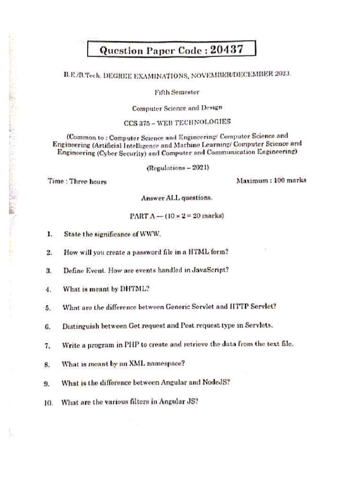 Web Technologies Model Question Paper CCS 375 - Degree Exams 2023 - Studocu
