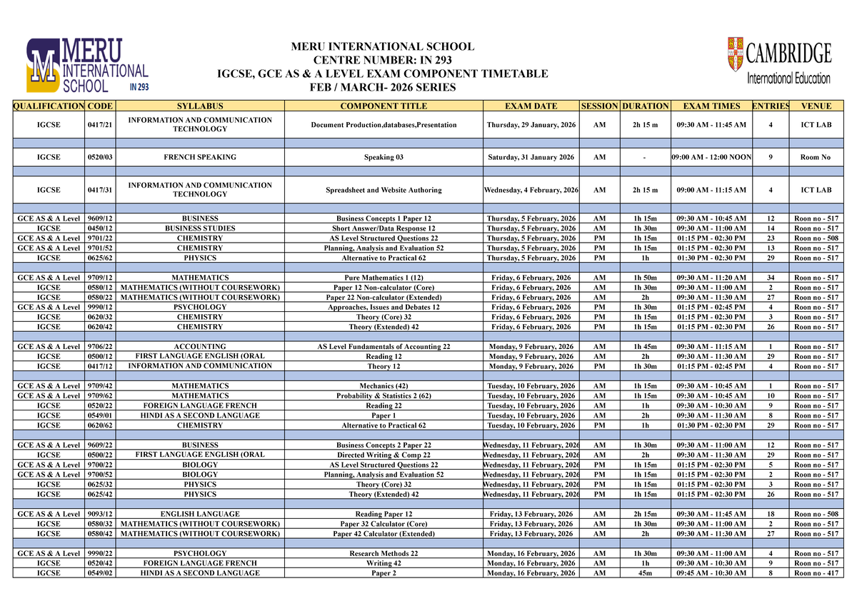 Exam Timetable for IGCSE & GCE AS Level - Feb-Mar 2026 Series - Studocu