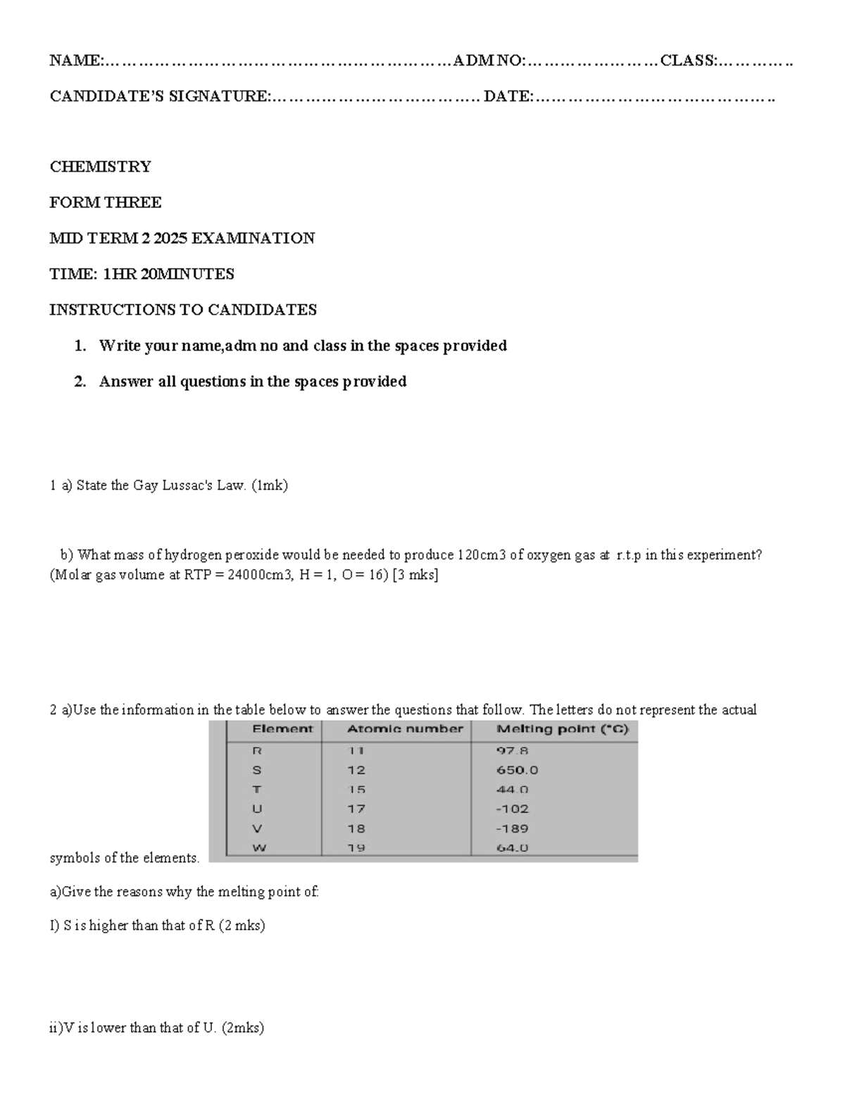 Chemistry F3 Midterm 2 Exam Questions - 2025 Revision Guide - Studocu