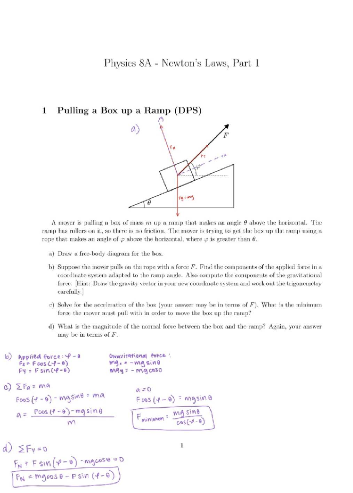 Physics 8A Final Exam: Laws of Motion on an Inclined Plane - Studocu