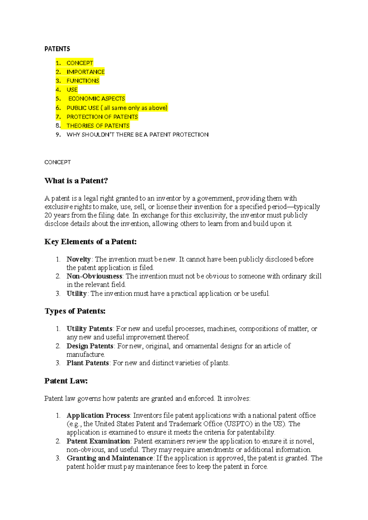 Patents AND Designs IMP QS Notes - PATENTS 1. CONCEPT 2. IMPORTANCE 3 ...