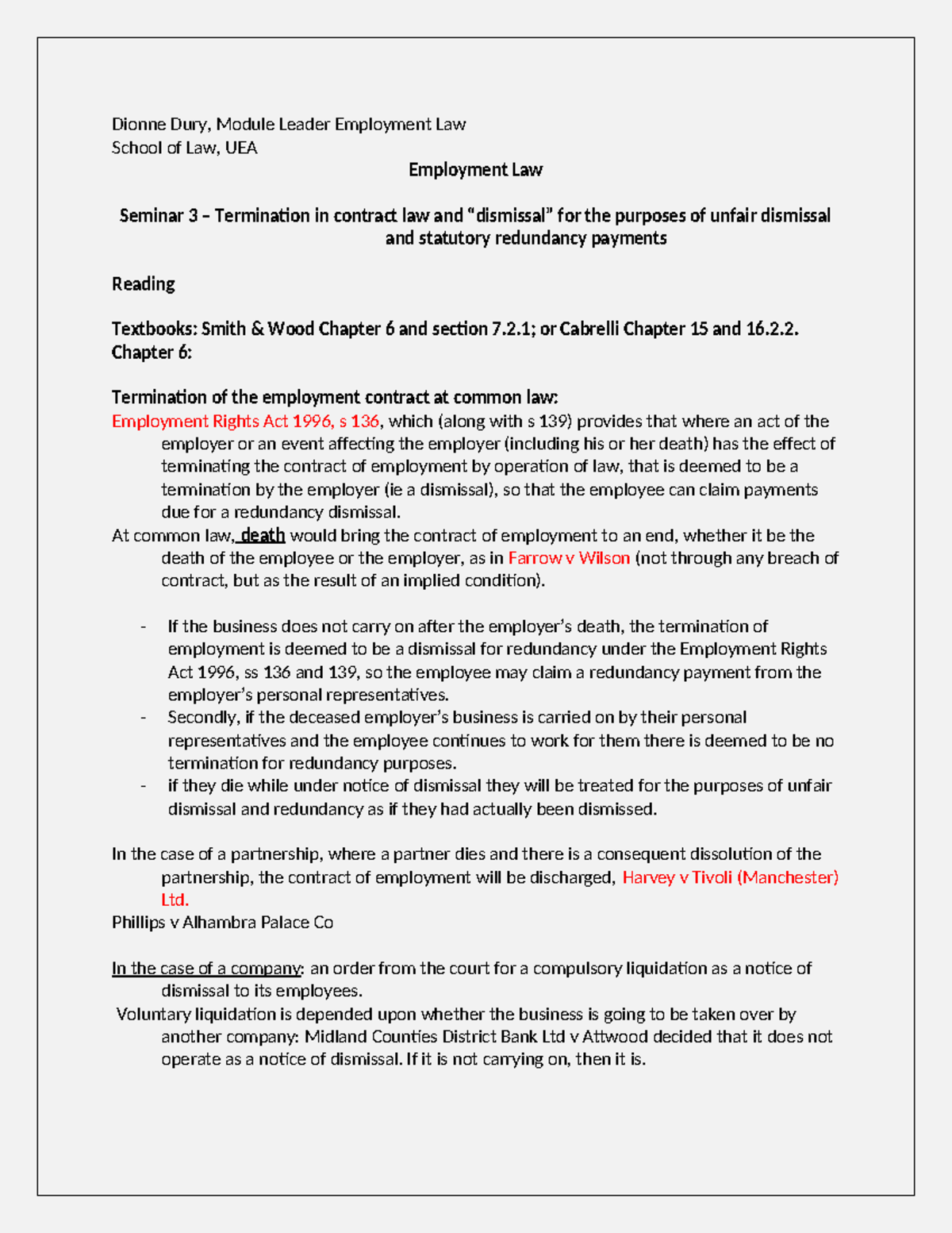 Seminar 3: Termination in Employment Law & Unfair Dismissal Exam Notes ...