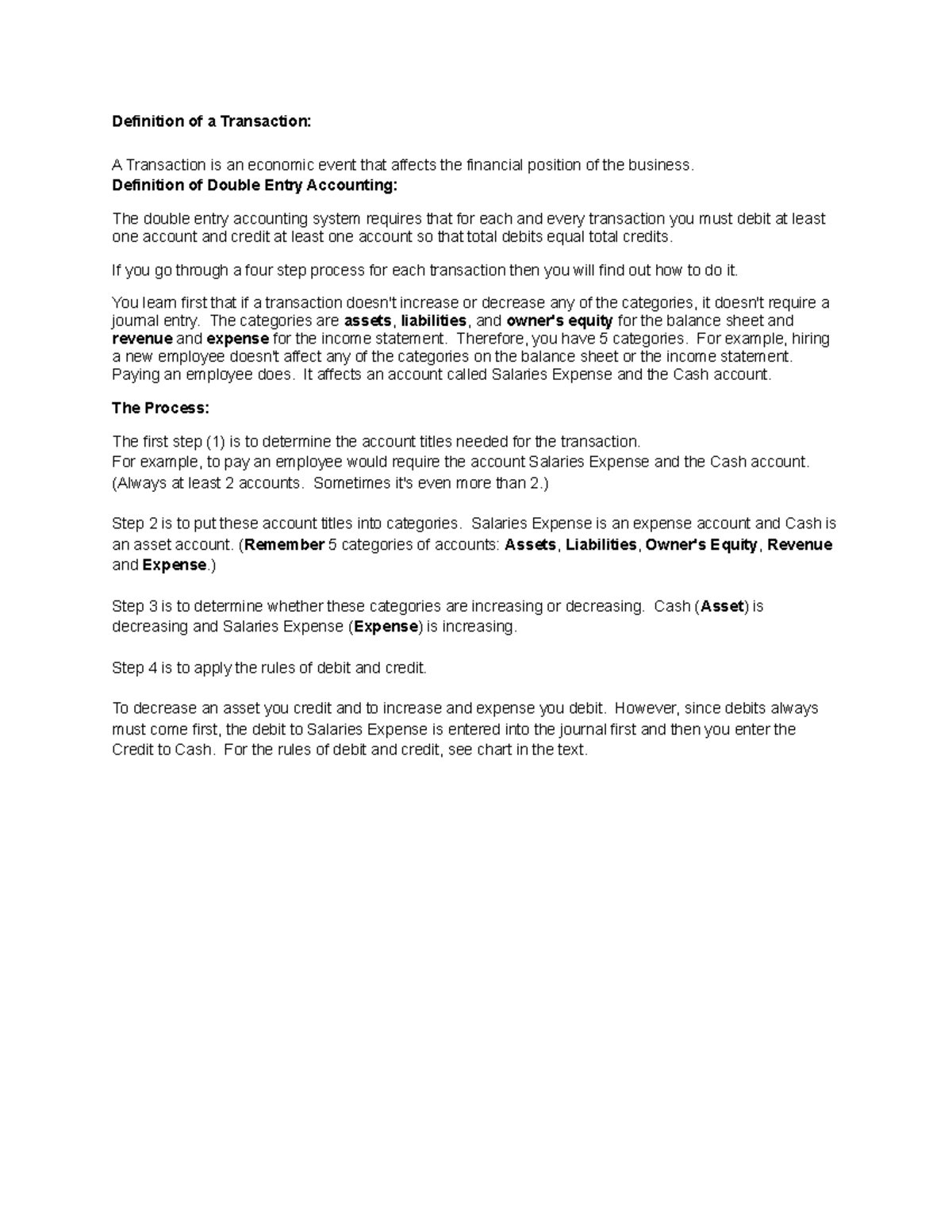 Principles of Accounting I. Analyzing Transactions - Definition of a ...