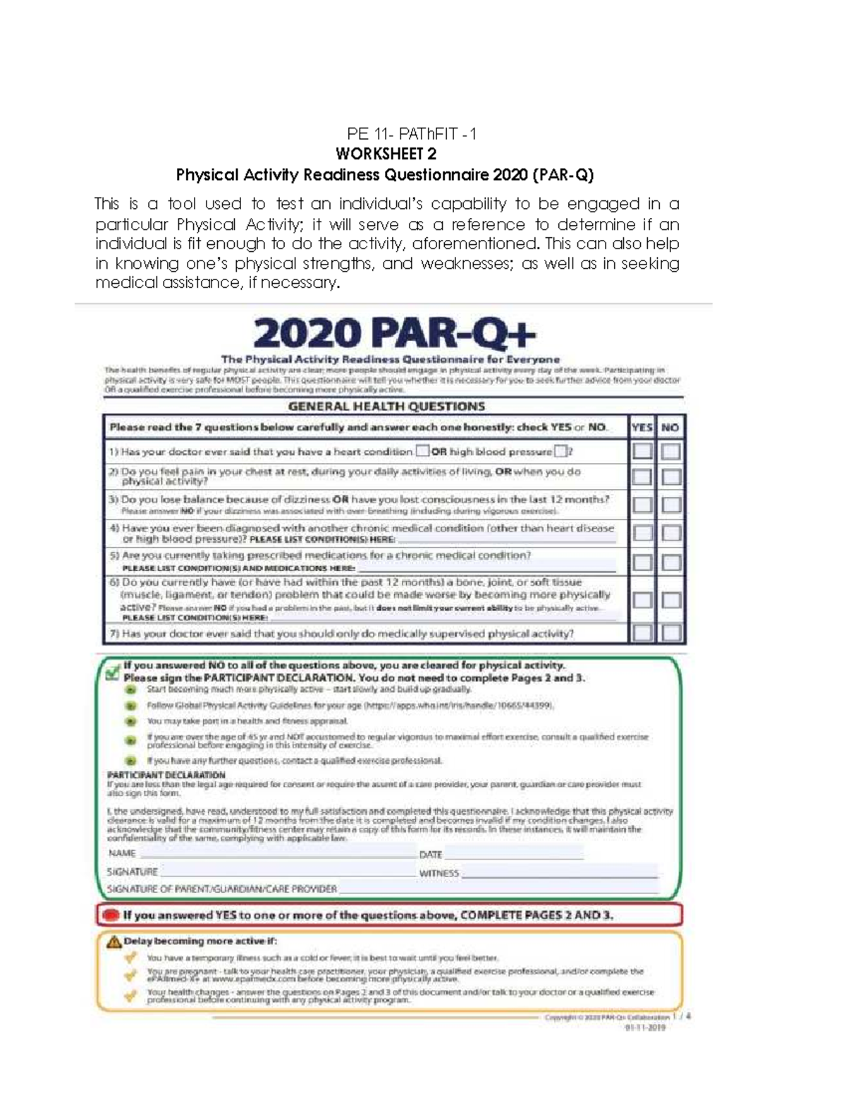 PE 11-Pathfit 1: Worksheet 2 - Physical Activity Readiness ...
